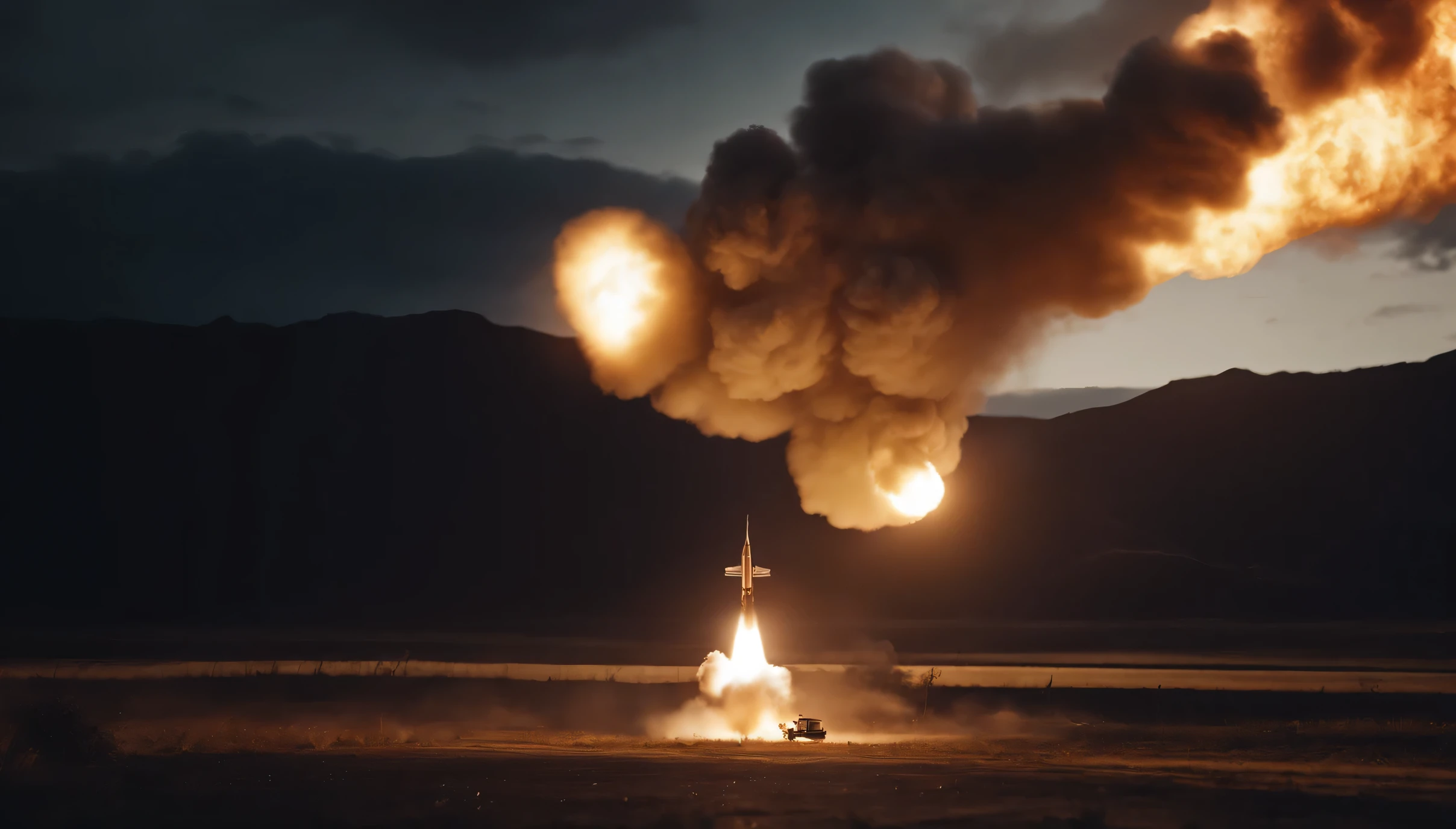 A rocket named NUSANTARA 01, carrying a spacecraft, launches from the runway, spewing fire from its tail.