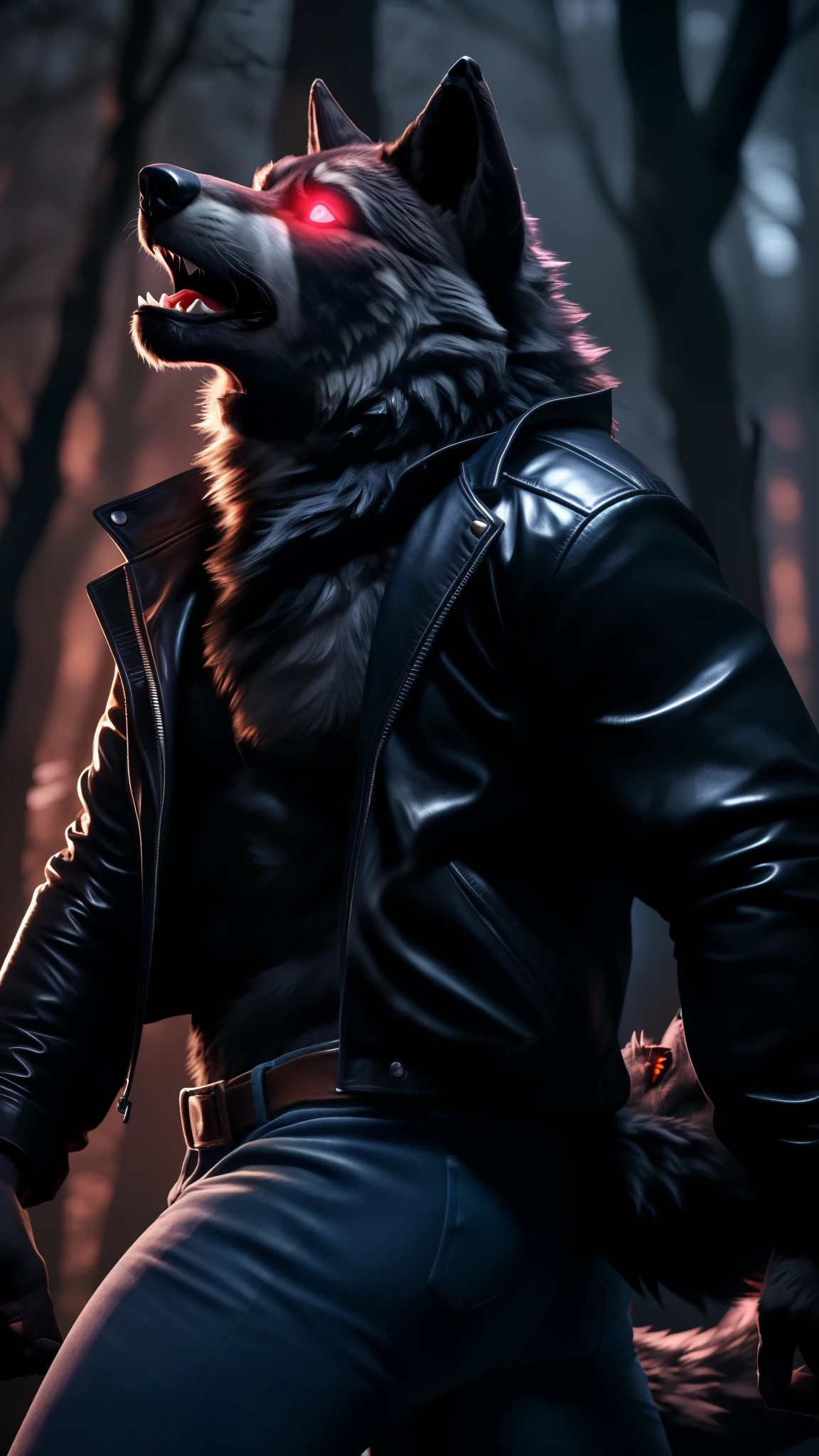 Posing, Male, 30 years old, (howling:1.8), (black leather jacket:1.8, anthro, wolf ears, (black fur:1.5), wolf, forest background at night, 8k, hi res, (best quality, masterpiece), red glowing eyes, (wolf tail:1.5), detailed fur, realistic, blue jeans