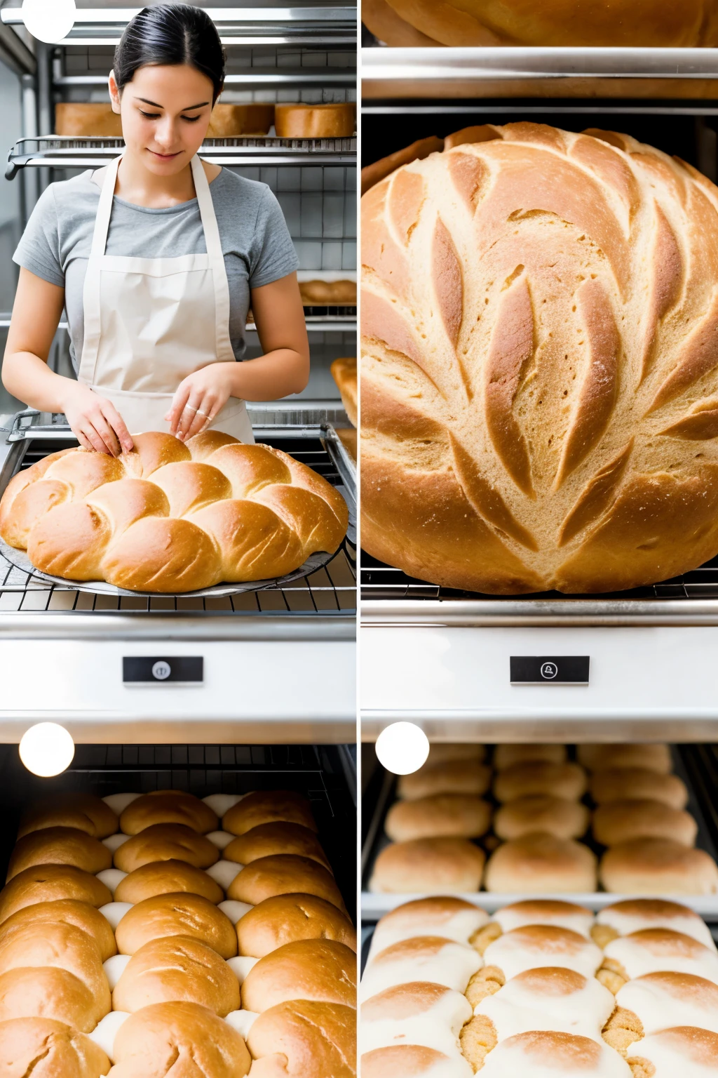 Rotation of tasks in a bakery : different pictures of the same person baking, kneading, packaging in a bread factory