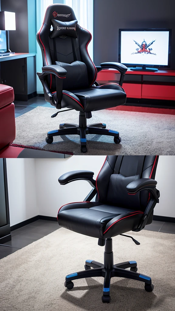 A surreal gaming chair, padded style for comfort, with lights that come from within, It does not have legs or wheels but rather a base that makes it float magnetically., gamer atmosphere