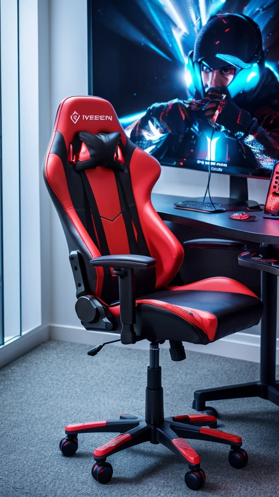 A surreal gaming chair, padded style for comfort, with lights that come from within, It does not have legs or wheels but rather a base that makes it float magnetically., gamer atmosphere