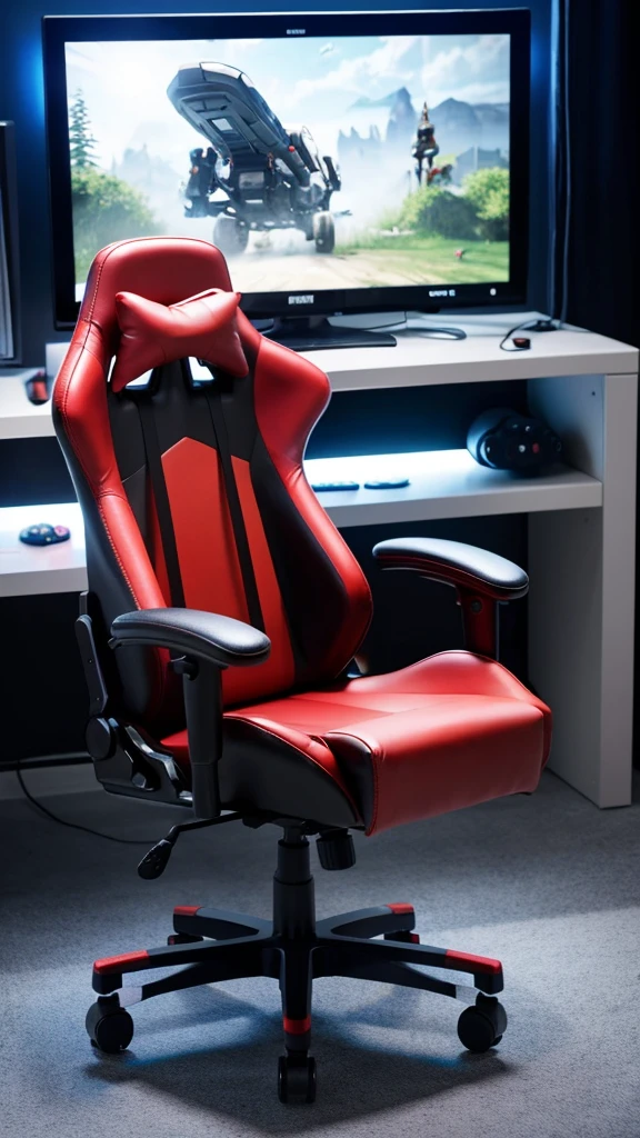 A surreal gaming chair, padded style for comfort, with lights that come from within, It does not have legs or wheels but rather a base that makes it float magnetically., gamer atmosphere