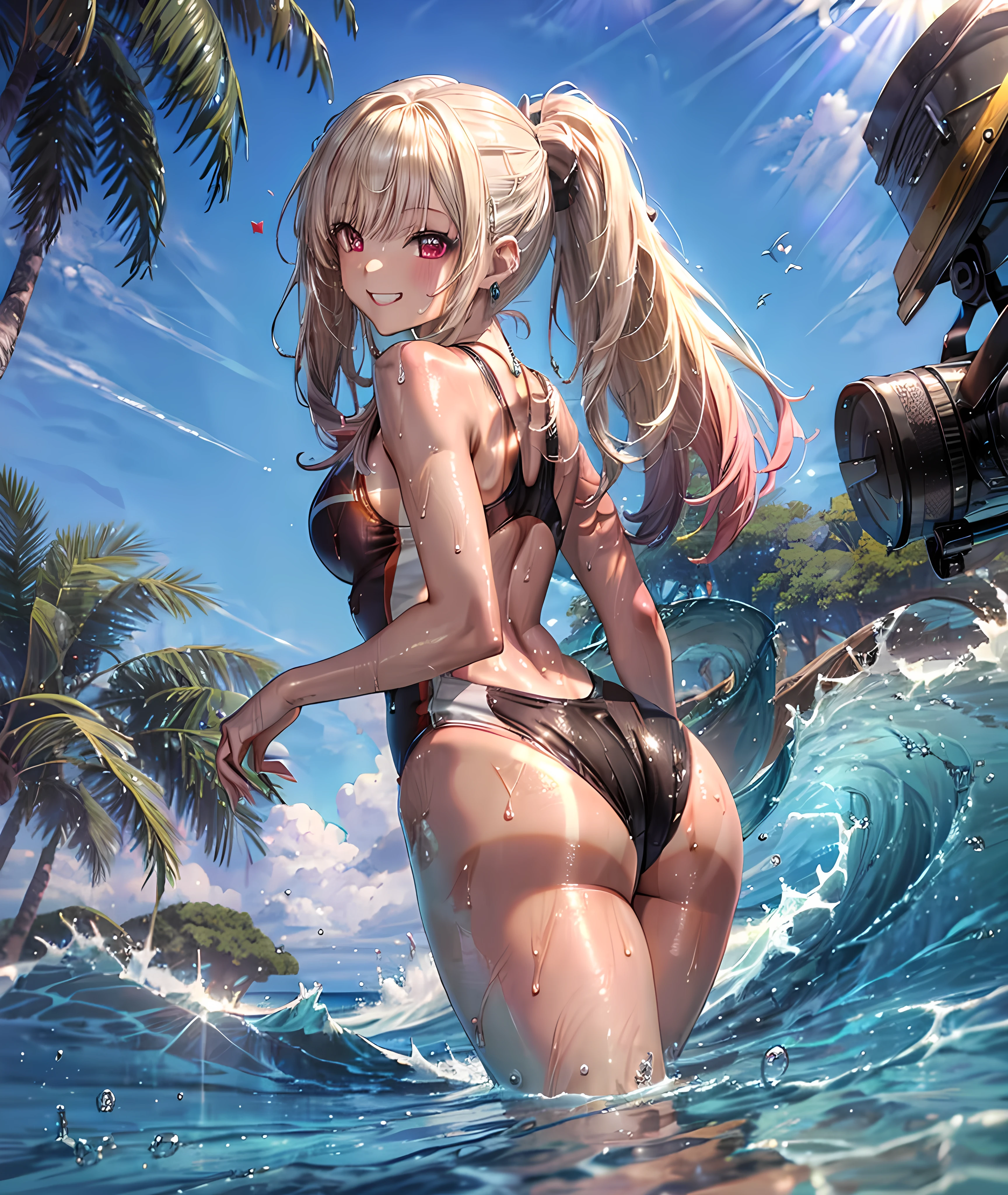 (masterpiece), (Highest quality), (High resolution, High Resolution), (Super detailed), (kitagawa marin), 1girl, (platinum blonde hair), (Very long hair with loose curls), Loosely swayed bangs, ((Hot pink mesh)), multicolored hair, (red eyes:1.2), Detailed eyes, Earrings, Earrings, jewelry, necklace, ((Detailed face)), (very cute expression), (A sloppy smile:1.2), Grin, ((White competitive swimwear)), ((White dress_Swimwear)), Wet with sweat, (tan skin:1.2),A lively 15-year-old gal, B86, W58,H85, Model Body Type, Very beautiful proportions, Gravure model photography, Depth of written boundary, (Perfect Anatomy:1.2), The subject looks back, Adjusting the fabric of the buttocks of competitive swimwear, Diagonal angle from behind, Pay attention to the face and butt, bare hands,Please put your hands on your buttocks, Tempting, (Heart effect:1.3), absurdes, one-piece_swimsuit, shirokoswimsuit, Close-up, nicebeach, Outdoor, ((Beautiful ocean with waves reflecting sunlight)), (Walking on seawater), I can see the horizon and the sky, The subject is in the center of the screen,