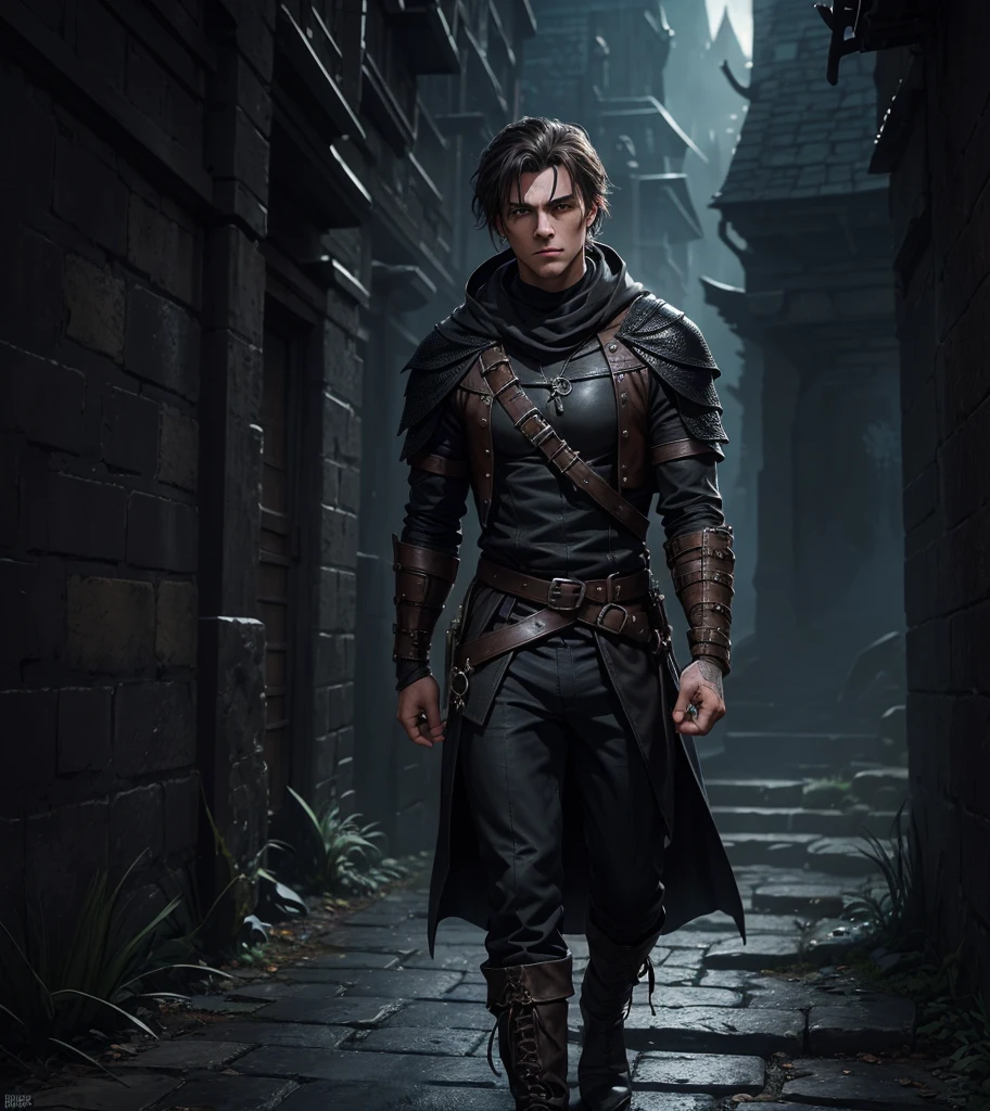 (((Solo character image.))) (((Generate a single character image.))) (((Looks like Adonis.))) (((Appears to be 20 years old with youthful looks.))) (((Dark and sinister background at night.))) (((Alpha male))) (((Solo character image.))) (((Generate a single character image.))) Dark fantasy art, (((Dark, night time background.))) (((Strong elements of dark medieval fantasy.))) (((Sexy and handsome male.))) (((This is an urban explorer in a dark fantasy realm.))) Night background. Dark. Eerie. Dark fantasy art, short cropped blond hair, Scoundrel. Vagabond. Miscreant. Knave. This is an urban explorer in a dark fantasy realm. Looks mysterious, wearing a black shirt, black pants and black boots. Looks like a sneaky rogue in medieval fantasy urban setting. Looks like a shady rogue in a medieval fantasy setting. Looks like a medieval fantasy male character. Looks like a male rogue for Dungeons & Dragons in a medieval fantasy setting. Wears lots of black clothing. Looks like a handsome criminal for a medieval fantasy setting. Looks shifty. Looks suspicious. Looks untrustworthy. wearing black leather medieval clothing, sneaky, rogue, muscular, gorgeous face, fantasy artwork, fantasy attire, fantasy adventurer, masterpiece:1.3,madly detailed photo:1.2, hyper-realistic lifelike texture:1.4, picture-perfect:1.0,8k, HQ,best quality:1.0, (masterpiece,fantasy,art, best quality, unreal engine, 8k, ultra HD, centered image, absurdres