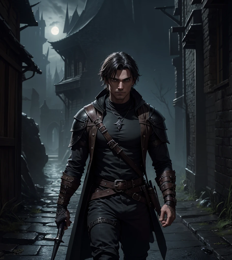 (((Solo character image.))) (((Generate a single character image.))) (((Looks like Adonis.))) (((Appears to be 20 years old with youthful looks.))) (((Dark and sinister background at night.))) (((Alpha male))) (((Solo character image.))) (((Generate a single character image.))) Dark fantasy art, (((Dark, night time background.))) (((Strong elements of dark medieval fantasy.))) (((Sexy and handsome male.))) (((This is an urban explorer in a dark fantasy realm.))) Night background. Dark. Eerie. Dark fantasy art, short cropped blond hair, Scoundrel. Vagabond. Miscreant. Knave. This is an urban explorer in a dark fantasy realm. Looks mysterious, wearing a black shirt, black pants and black boots. Looks like a sneaky rogue in medieval fantasy urban setting. Looks like a shady rogue in a medieval fantasy setting. Looks like a medieval fantasy male character. Looks like a male rogue for Dungeons & Dragons in a medieval fantasy setting. Wears lots of black clothing. Looks like a handsome criminal for a medieval fantasy setting. Looks shifty. Looks suspicious. Looks untrustworthy. wearing black leather medieval clothing, sneaky, rogue, muscular, gorgeous face, fantasy artwork, fantasy attire, fantasy adventurer, masterpiece:1.3,madly detailed photo:1.2, hyper-realistic lifelike texture:1.4, picture-perfect:1.0,8k, HQ,best quality:1.0, (masterpiece,fantasy,art, best quality, unreal engine, 8k, ultra HD, centered image, absurdres