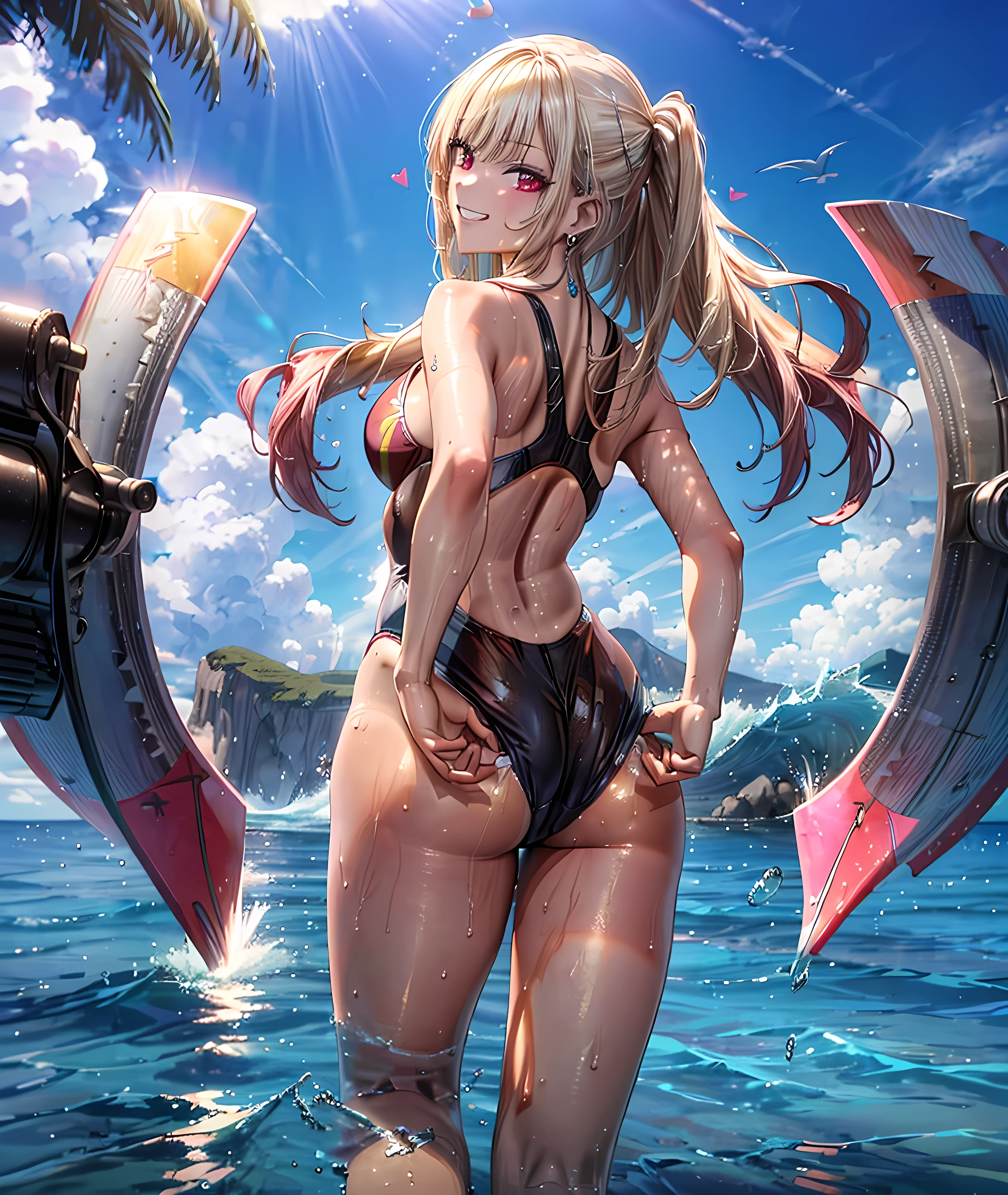 (masterpiece), (Highest quality), (High resolution, High Resolution), (Super detailed), (kitagawa marin), 1girl, (platinum blonde hair), (Very long hair with loose curls), Loosely swayed bangs, ((Hot pink mesh)), multicolored hair, (red eyes:1.2), Detailed eyes, Earrings, Earrings, jewelry, necklace, ((Detailed face)), (very cute expression), (A sloppy smile:1.2), Grin, ((White competitive swimwear)), ((White dress_Swimwear)), Wet with sweat, (tan skin:1.2),A lively 15-year-old gal, B86, W58,H85, Model Body Type, Very beautiful proportions, Gravure model photography, Depth of written boundary, (Perfect Anatomy:1.2), The subject looks back, Adjusting the fabric of the buttocks of competitive swimwear, Diagonal angle from behind, Pay attention to the face and butt, bare hands,Please put your hands on your buttocks, Tempting, (Heart effect:1.3), absurdes, one-piece_swimsuit, shirokoswimsuit, Close-up, nicebeach, Outdoor, ((Beautiful ocean with waves reflecting sunlight)), (Walking on seawater), I can see the horizon and the sky, The subject is in the center of the screen,