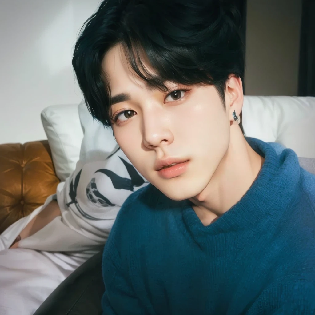 there is a man sitting on a sofa with a remote control, Jimin\the full lips, Jimin\the right eyelid is swollen, park Jimin, Jimin, Jimin\the Greek nose, accurate Jimin face, Tae June Kim, Jungkook, Kim Doyoung, jung jaehyun, profile image, hyung tae, Yoongi with black hair, headshot profile imageture, profile imageture