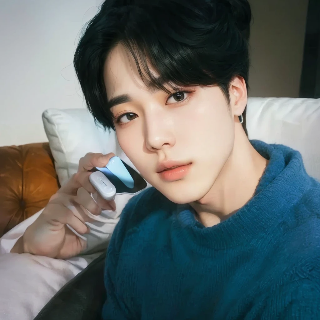 there is a man sitting on a sofa with a remote control, Jimin\the full lips, Jimin\the right eyelid is swollen, park Jimin, Jimin, Jimin\the Greek nose, accurate Jimin face, Tae June Kim, Jungkook, Kim Doyoung, jung jaehyun, profile image, hyung tae, Yoongi with black hair, headshot profile imageture, profile imageture