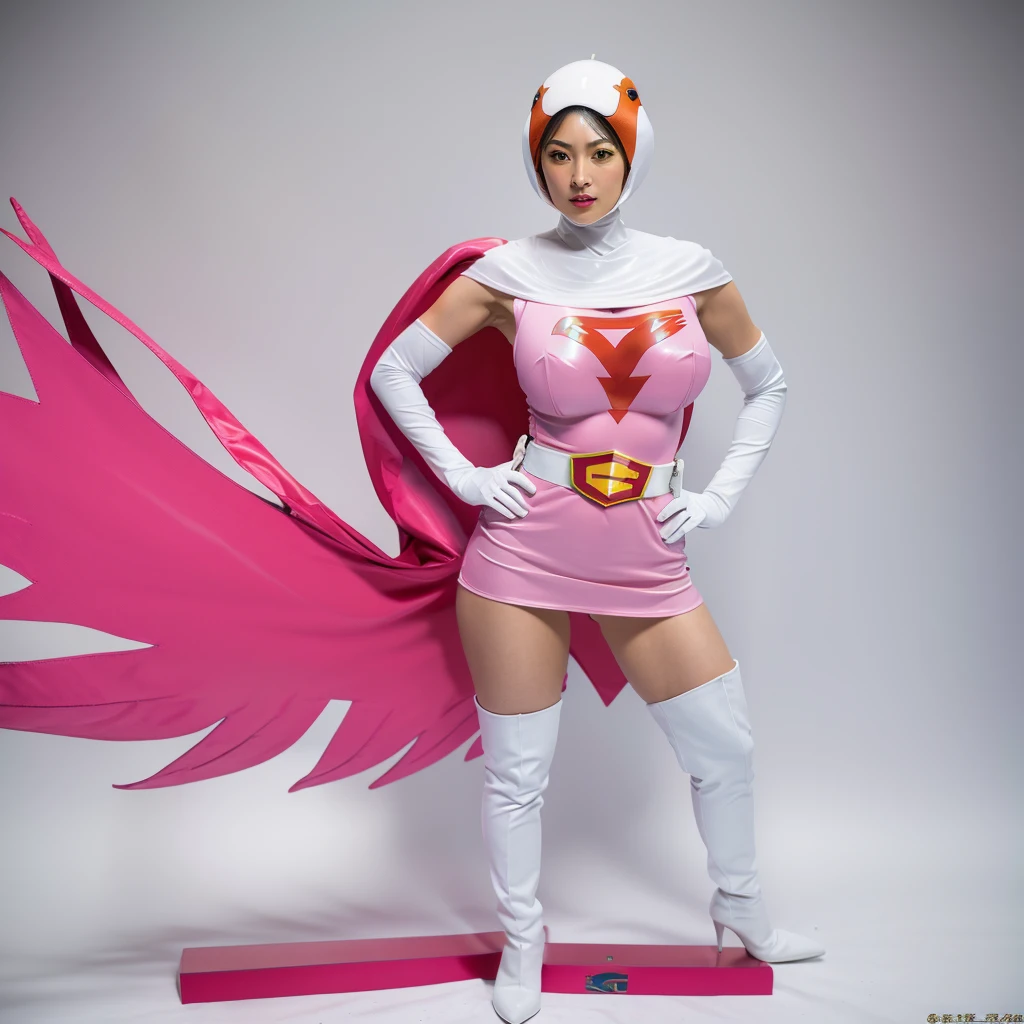 ANI_CLASSIC_jun_gatchaman_ownwaifu,1girl, 15 years old,good anatomy, masterpiece, best quality,realistic, hyperrealistic, 16k hdr,breasts,green eyes,lips,large breasts,lipstick,makeup,gloves,cape,helmet,belt,elbow gloves,white gloves,mask,ultra miniskirt,leotard,spacesuit,white tight overknee highheels boots,pink dress,superhero,bodysuit,cleavage,erected nipples,((stand pose,hands on hip)),cameltoe