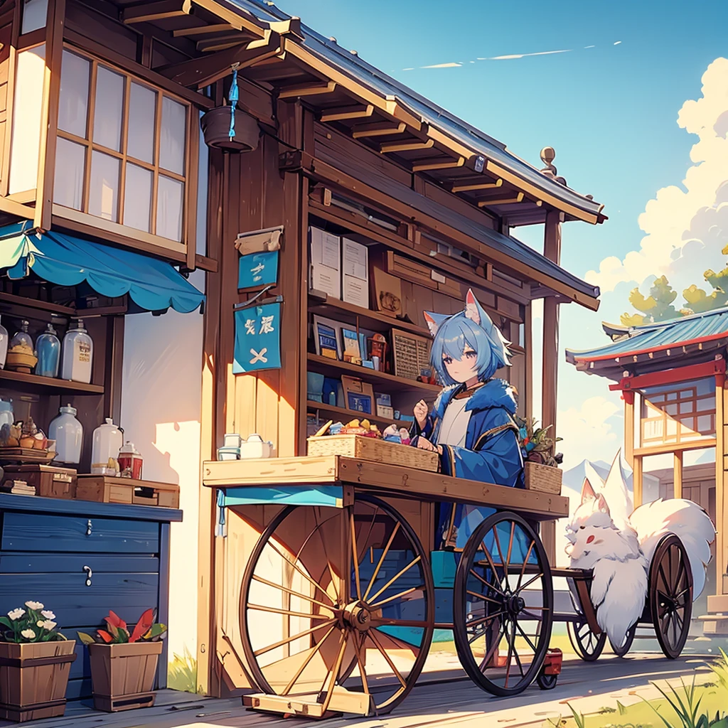 male, kitsune, caravan clothing, has blue ears, has blue fur, cart with nick-nacks behind him, selling stuff, shrine