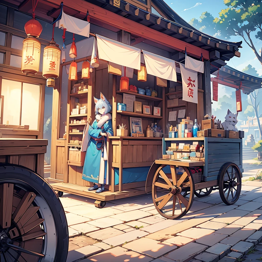 male, kitsune, caravan clothing, has blue ears, has blue fur, cart with nick-nacks behind him, selling stuff, shrine