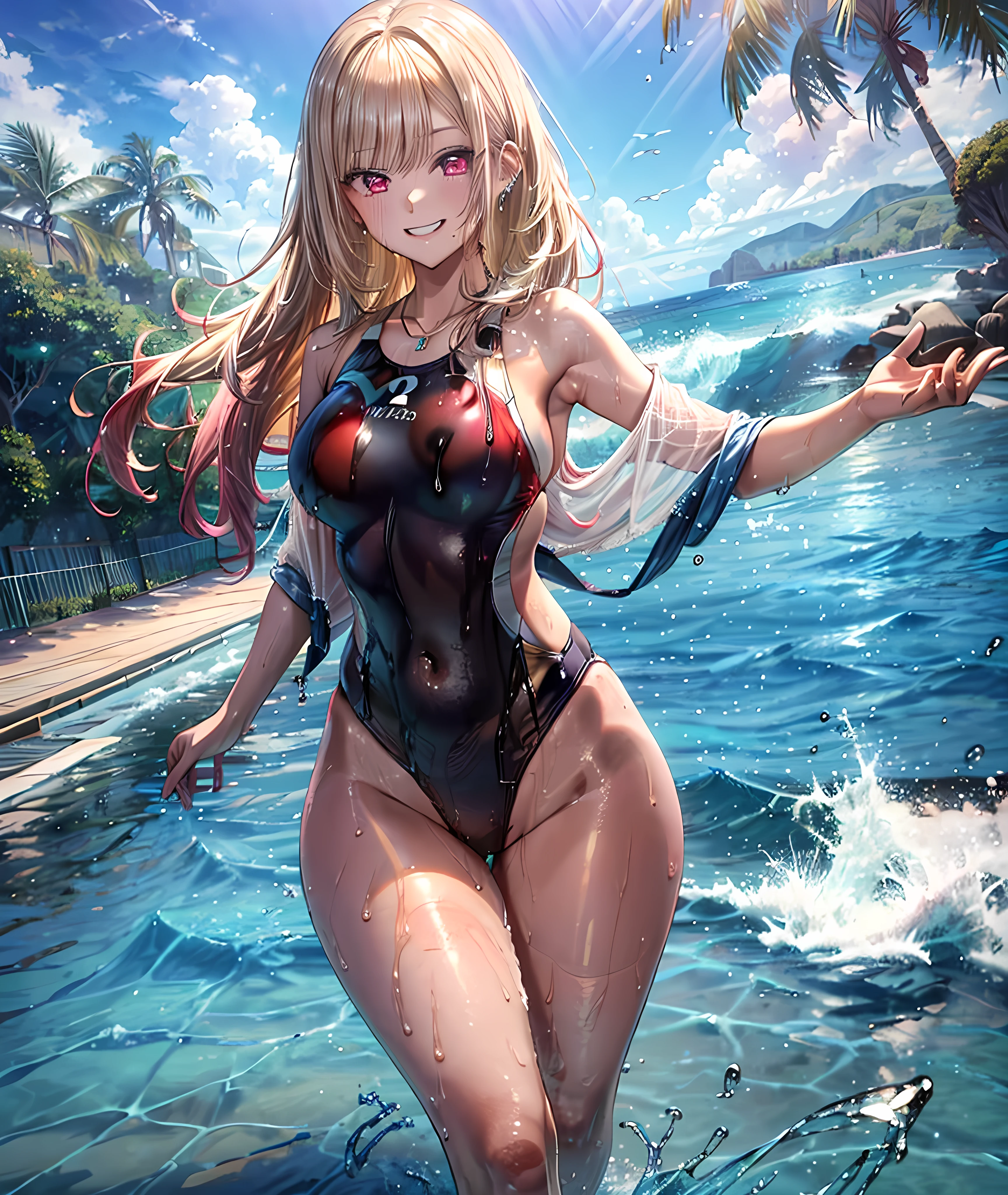 (masterpiece), (Highest quality), (High resolution, High Resolution), (Super detailed), (kitagawa marin), 1girl, (platinum blonde hair), (Very long hair with loose curls), Loosely swayed bangs, ((Hot pink mesh)), multicolored hair, (red eyes:1.2), Detailed eyes, Earrings, Earrings, jewelry, necklace, ((Detailed face)), (very cute expression), (A sloppy smile:1.2), Grin, ((White competitive swimwear)), ((White dress_Swimwear)), Wet with sweat, (tan skin:1.2),A lively -yeld gaB86, W58,H85, Model Body Type, Very beautiful proportions, Gravure model photography, Depth of written boundary, (Perfect Anatomy:1.2), Adjust the fabric of the genital area of competitive swimming swimwear, bare hands, Tempting, (Heart effect:1.3), absurdes, one-piece_swimsuit, shirokoswimsuit, Close-up, nicebeach, Outdoor, ((Beautiful ocean with waves reflecting sunlight)), (Walking on seawater), I can see the horizon and the sky, The subject is in the center of the screen, 