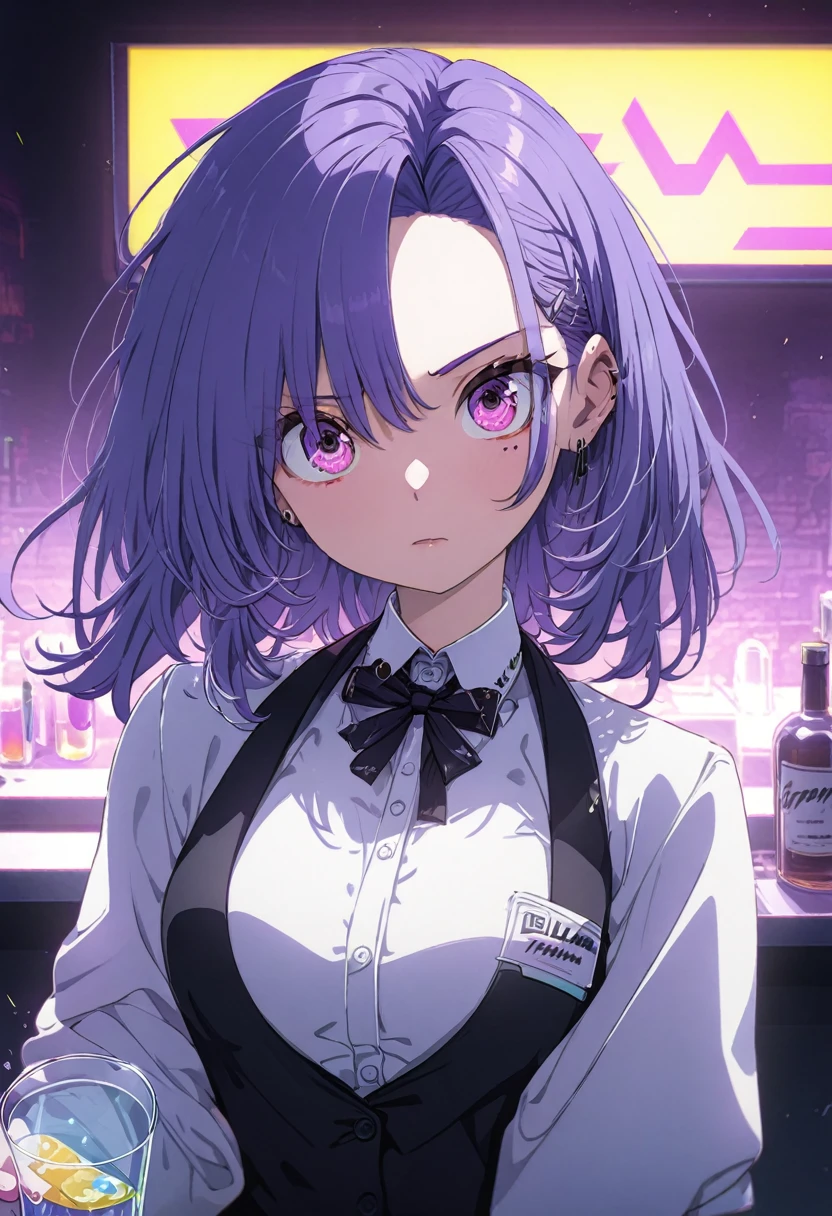 Adult female, cyberpunk bar, bartender, purple hair, medium bust, apathetic, cleaning a glass, high detailed, high quality, 8k anime, perfect eyes, eyes, expressive eyes, perfect hands
