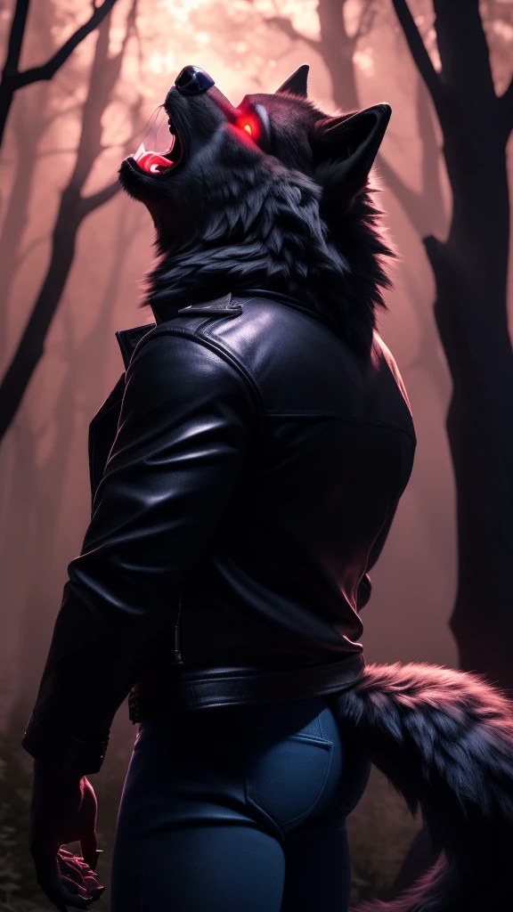 Male, 30 years old, (howling:1.8), (black leather jacket:1.8, anthro, wolf ears, (black fur:1.5), wolf, forest background at night, 8k, hi res, (best quality, masterpiece), red glowing eyes, (wolf tail:1.5), detailed fur, realistic, blue jeans