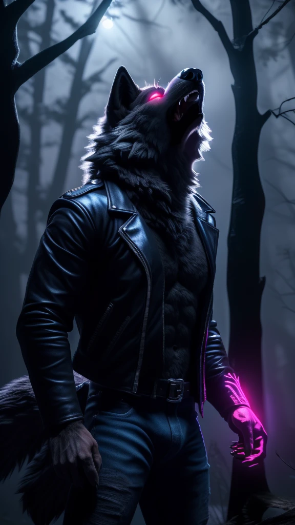 Male, 30 years old, (howling:1.8), (black leather jacket:1.8, anthro, wolf ears, (black fur:1.5), wolf, forest background at night, 8k, hi res, (best quality, masterpiece), red glowing eyes, (wolf tail:1.5), detailed fur, realistic, blue jeans