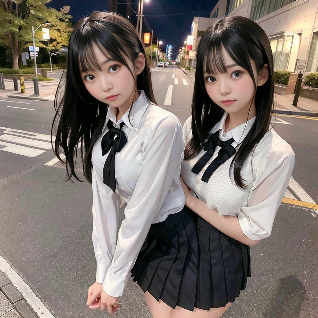 masterpiece, Highest quality, Realistic, RAW Photos, Digital SLR, Beautiful Japan girl at 15 years old, Glowing White Skin, Realistic and beautiful no-makeup face, Realistic and beautiful bright eyes, double eyelid, View the viewer, (Highly detailed shiny long black hair and bangs), (Disheveled hair blowing in a strong wind), Slim figure, Slim face, Slim waist, Big Breasts, Thin thighs, ((school uniform, Pleated skirt, Windy street, at night)), Realistic lighting and shadows, Very delicate and beautiful photos, Ultra-high resolution, 8k UHD wallpaper,