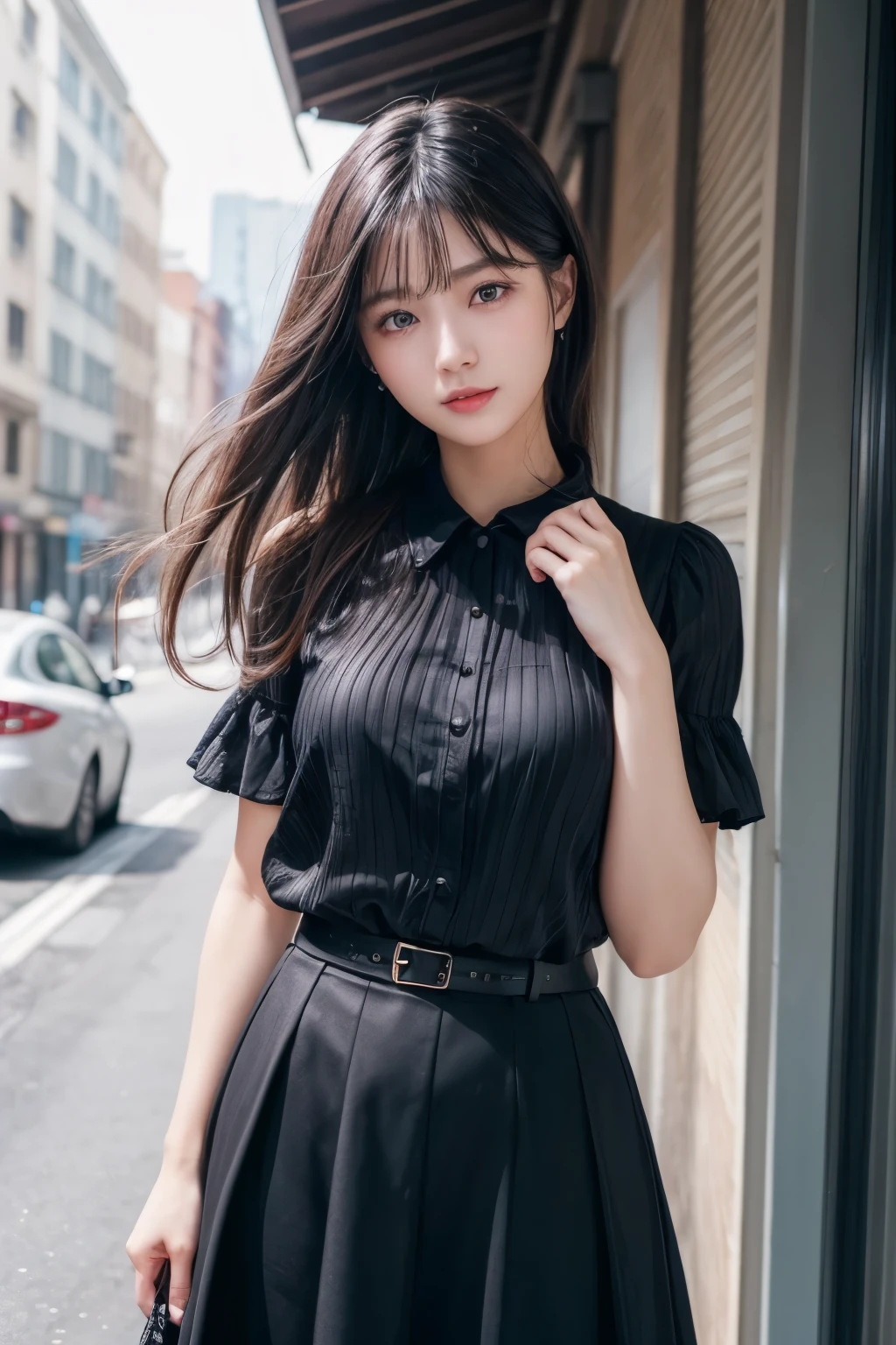 ((Best image quality、8K、masterpiece:1.3))、Realistic high-quality photos、Highest quality、Beautiful and graceful face and eyes、Black Hair、Shiny Hair、 OL、Wearing a short-sleeved blouse、Wear a long skirt、Hands Behind Back、Full Body Shot.