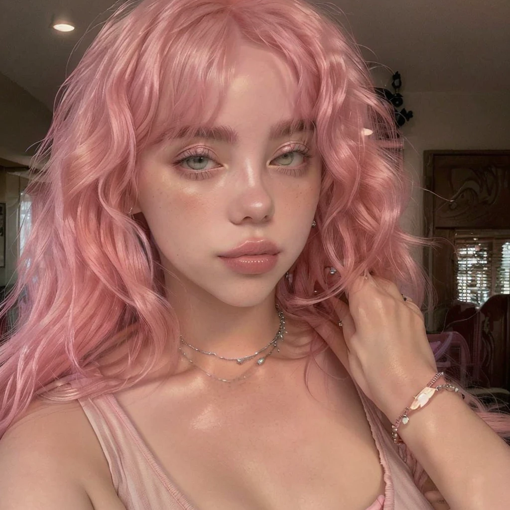 a close up of a woman with pink hair and a necklace, curly pink hair, huge curly pink hair, with pink hair, messy curly pastel hair, long flowing pink hair, flowing pink hair, doja cat, light pink hair, pastel pink skin tone, pink wispy hair, bubblegum hair, pink hair, light pink hair with pink flames, long bubblegum hair