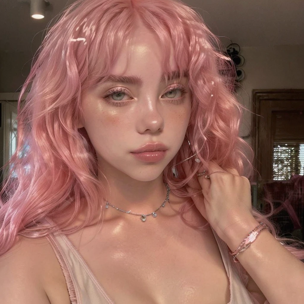 a close up of a woman with pink hair and a necklace, curly pink hair, huge curly pink hair, with pink hair, messy curly pastel hair, long flowing pink hair, flowing pink hair, doja cat, light pink hair, pastel pink skin tone, pink wispy hair, bubblegum hair, pink hair, light pink hair with pink flames, long bubblegum hair