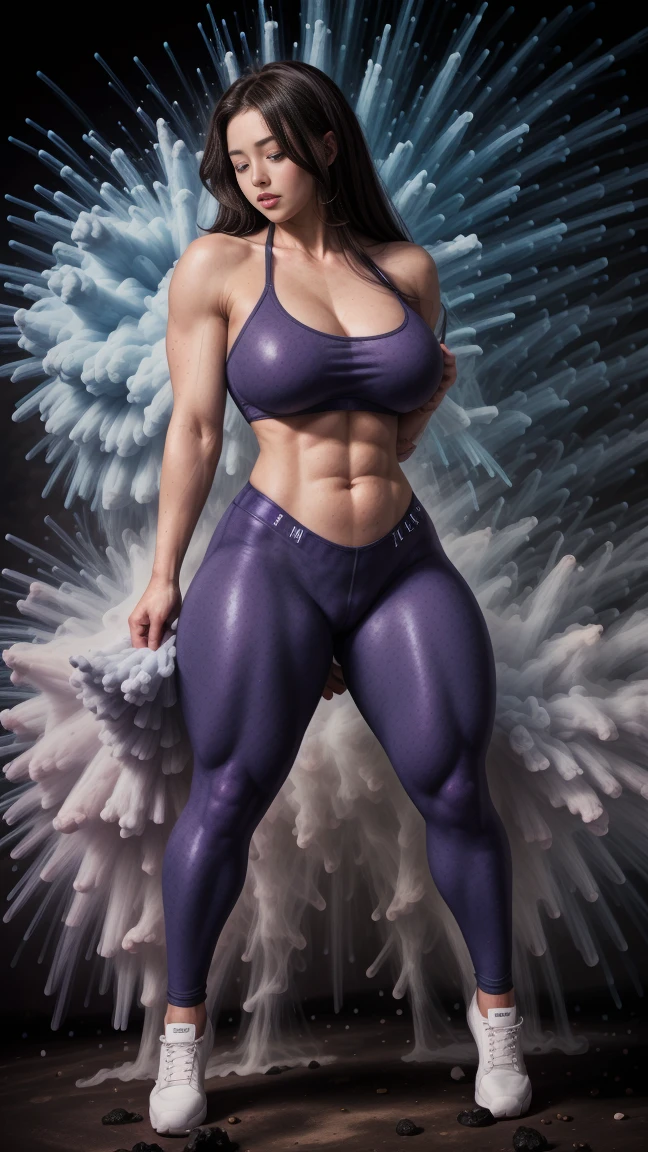 22 year old sexy woman, breasts big, gray and limp hair, new nafw athletic body thick thighs wearing sports bra and blue dust explosion leggings 