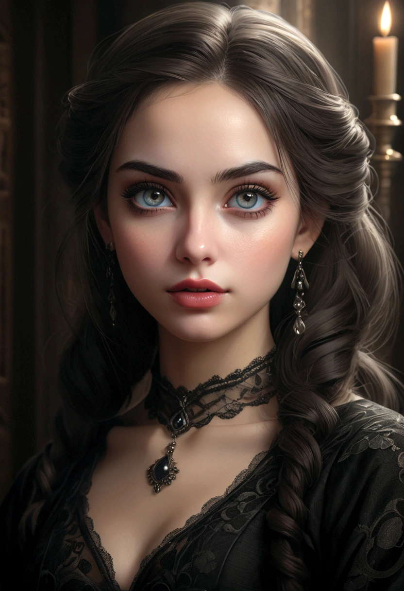 a beautiful girl, 1girl, intricate detailed face, gorgeous eyes, elegant lips, long eyelashes, serene expression, (best quality,4k,8k,highres,masterpiece:1.2),ultra-detailed,(realistic,photorealistic,photo-realistic:1.37),oil painting,chiaroscuro lighting,dramatic lighting,moody atmosphere,muted color palette,mystical,dark fantasy,gothic,sinister,danger,hidden poison