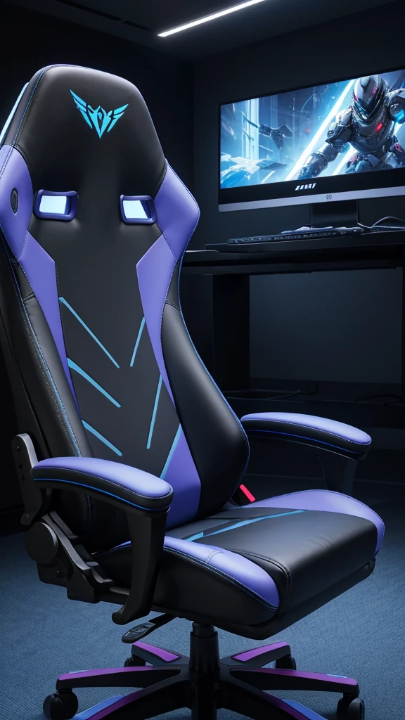 A surreal gaming chair, padded style for comfort, with lights that come from within, It does not have legs or wheels but rather a base that makes it float magnetically., gamer atmosphere