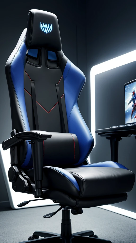 A surreal gaming chair, padded style for comfort, with lights that come from within, It does not have legs or wheels but rather a base that makes it float magnetically., gamer atmosphere