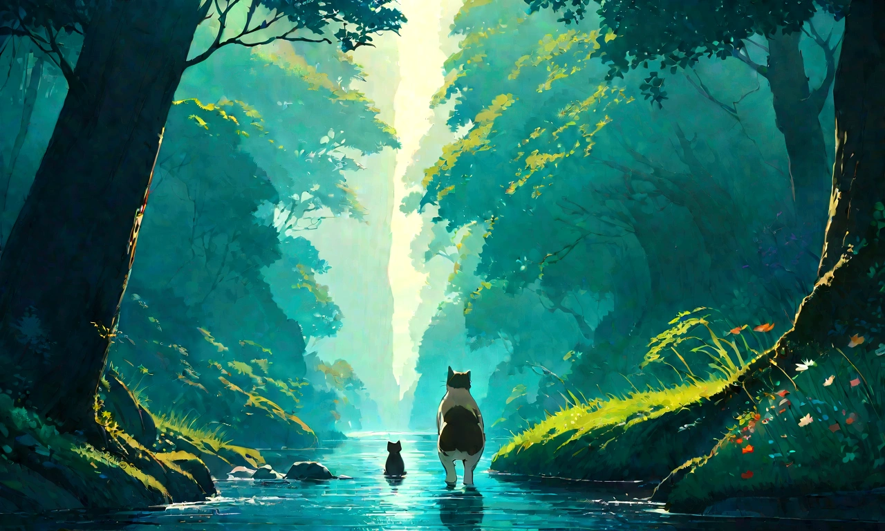 Studio Ghibli-style anime movies, Movie stills, Highest quality, masterpiece, Representative works, Official Art, Professional, Super intricate details, 8K,There is a cat in the distance, in the forest、relax、river