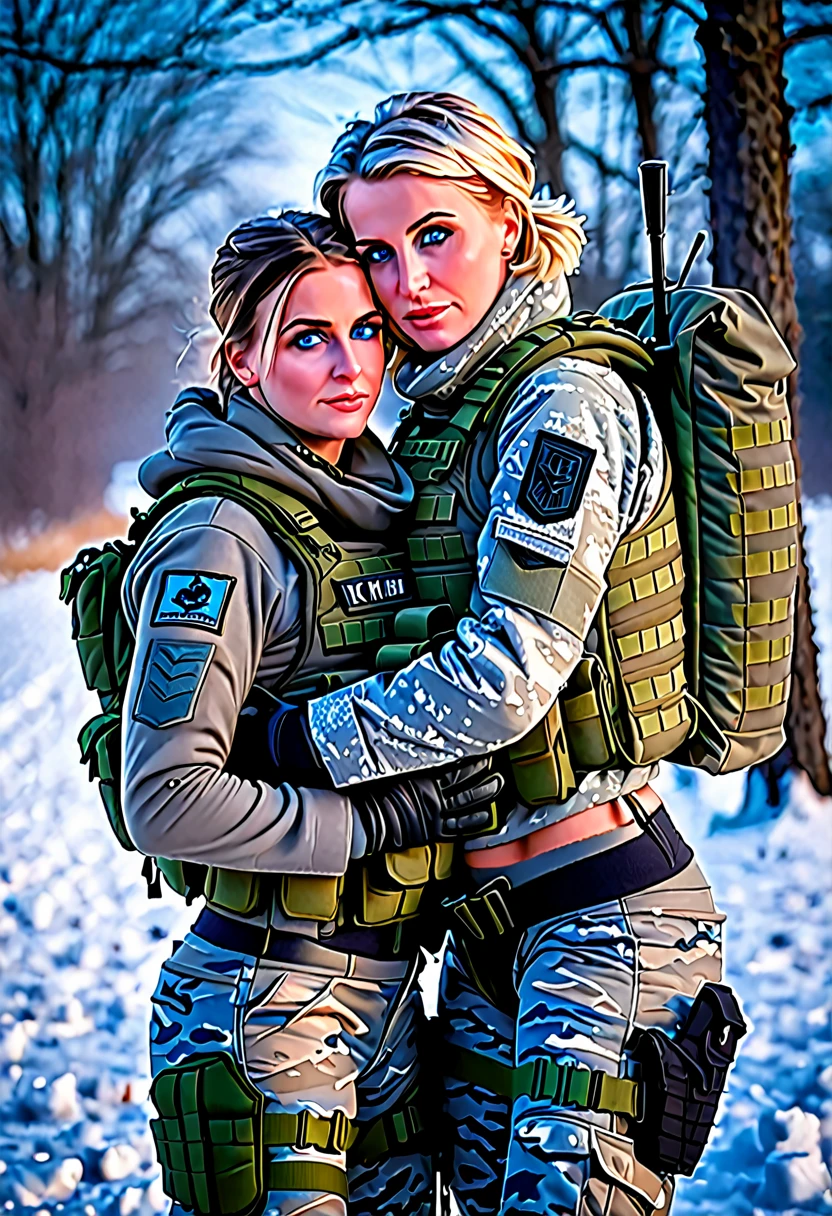 (Photorealistic), Beautiful lighting, Best Quality, Realistic, Full body portrait, real picture, Intricate details, depth of fields, 3 lesbian women embracing , In a cold blizzard, Very muscular soldier girl with a haircut, Fatigue of the army wearing winter camouflage, Camouflage Plate Carrier Rig, Combat gloves, (Magazine Pouch), (Kneepads), highly detailed, Perfect face, Blue eyes, Lips, wide hips, Small waist, tall, make up, Tactic, FUJI XT3, Outdoors, bright day, Beautiful lighting, Raw photo, 8K UHD, Film grain, ((Bokeh))