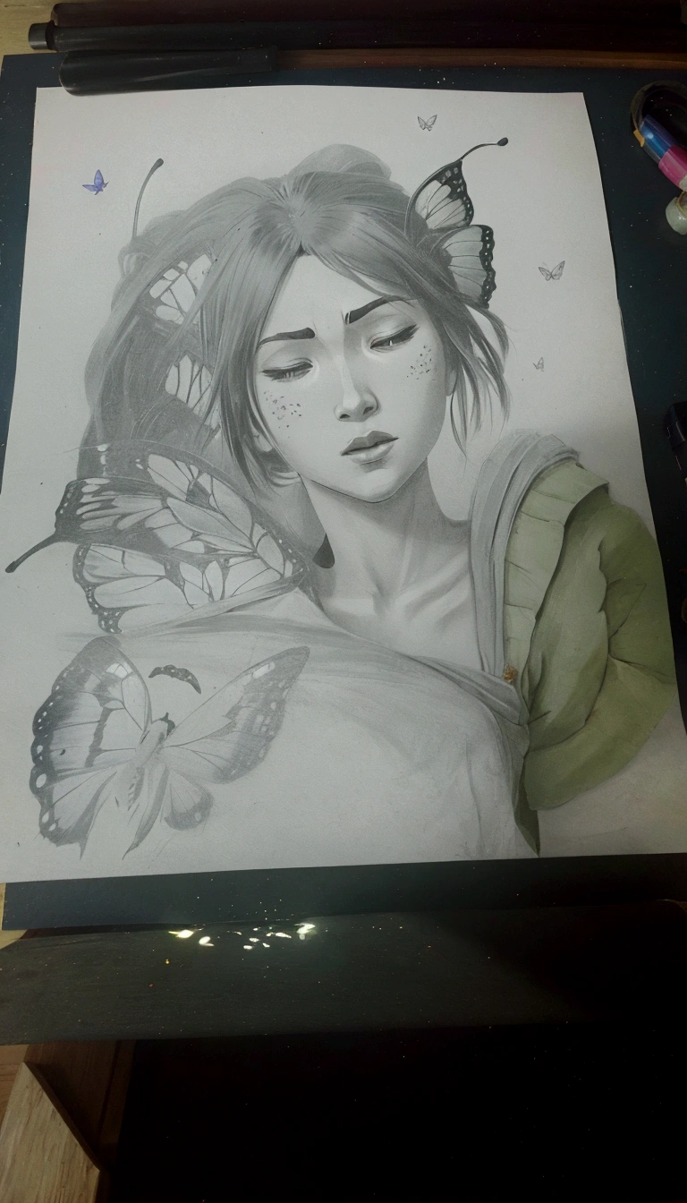 Anime-style drawing with a girl with her eyes closed and a butterfly flying behind her back