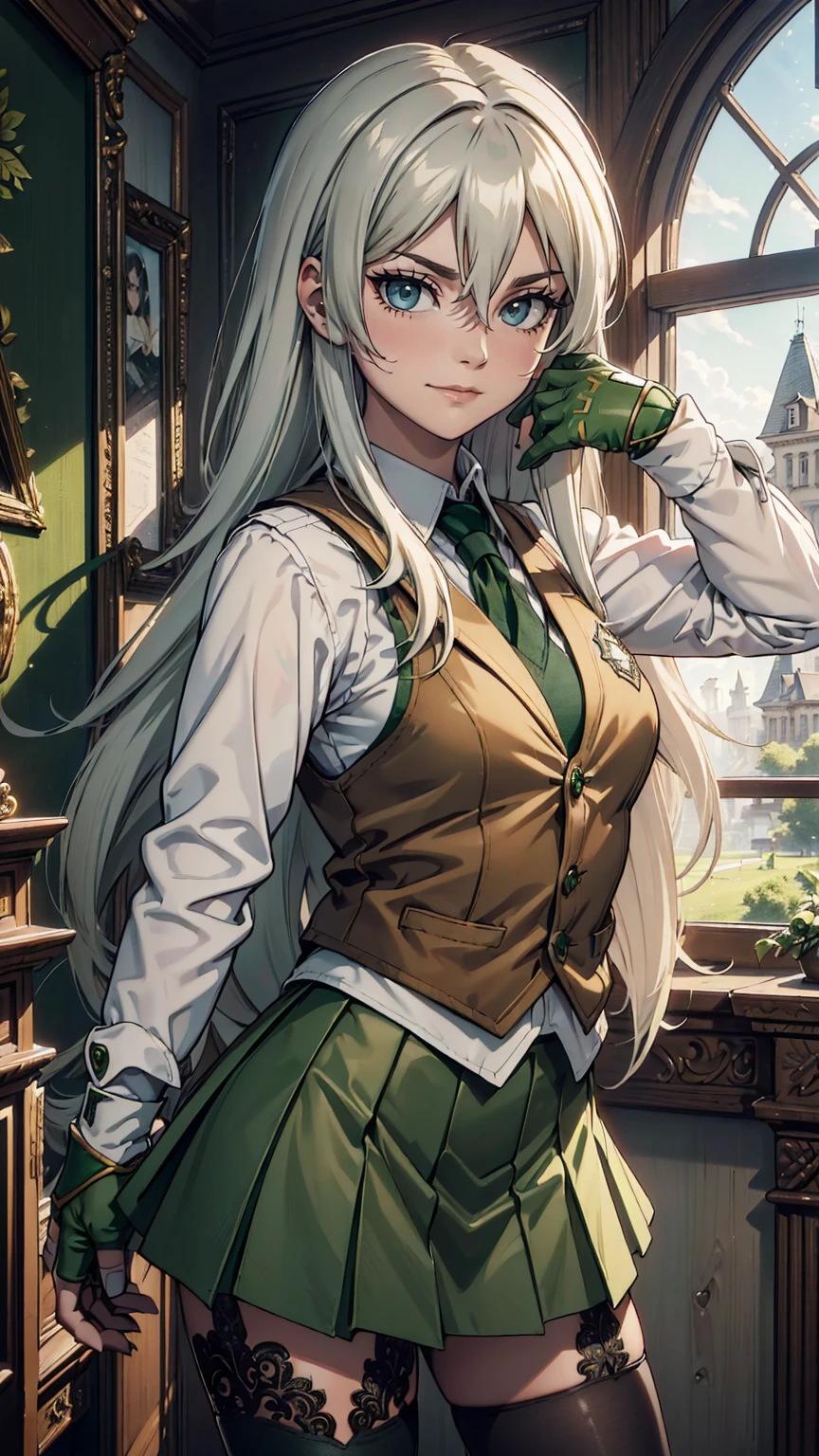 最high quality、Ultra High Definition, Ultra High Quality, Hyper Definition, Hyper Quality, Hyper Detailed, Extremely Detailed, Perfectly Detailed, Best image quality、masterpiece、woman((20-year-old、super dynamic pose , Green solid eyes, Silver long Hair、Disheveled Hair、Long White Hair、thin,Fingerless Glove、Green Skirt, Tights, Smirk、Brown School Vest , White School Shirt, Dressed in school)),high quality、Beautiful art、background((Inside the mansion))、Written boundary depth、  movie、Visual Arts、Perfect art、8K,Genuine、