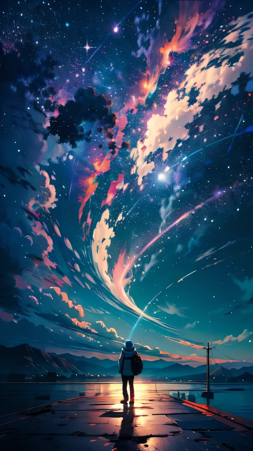 Anime wallpaper of a boy looking at the sky and stars, Wearing an oversized white hoodie,Space Sky. by Makoto Shinkai, anime art wallpaper 4k, anime art wallpaper 4k, Anime Art Wallpapers 8K, Anime Sky, Awesome Wallpapers, anime wallpaper 4k, anime wallpaper 4k, 4k anime wallpaper, Makoto Shinkai Cyril Rolland, Anime Background Art