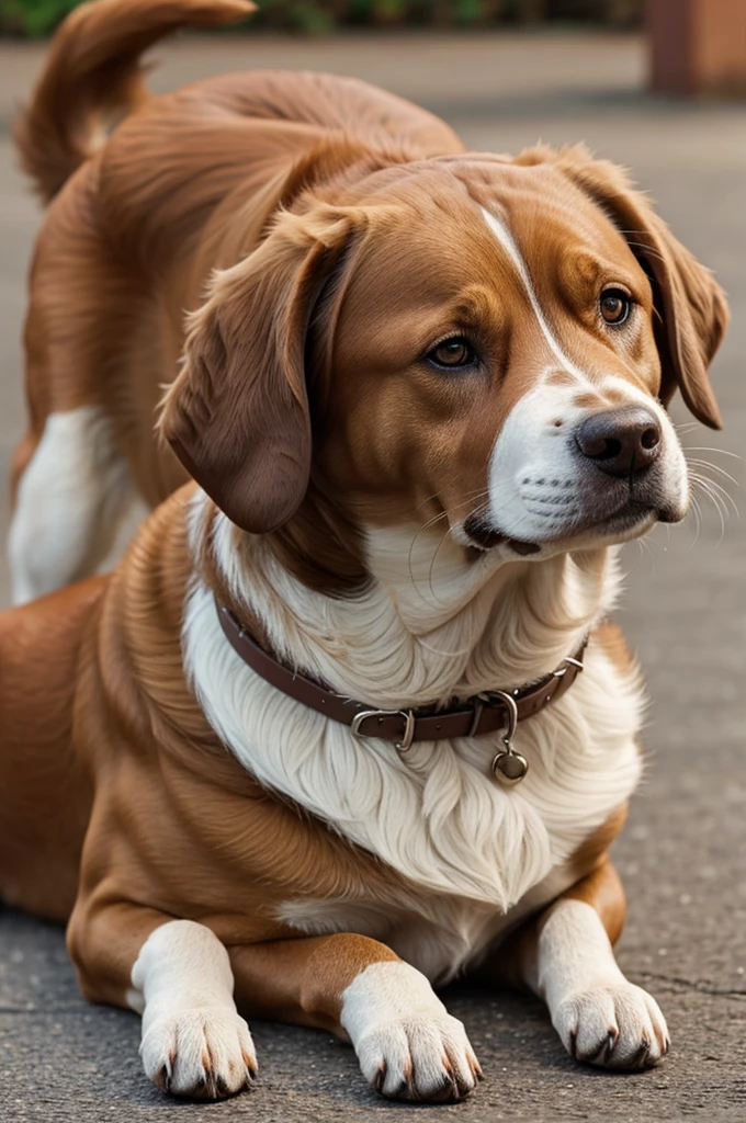 Create the image of a brown dog with small white details, it is a little big in age and size 