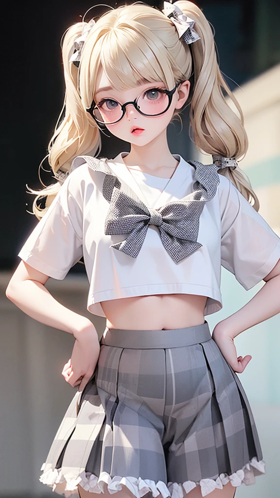 Highest quality、Masterpiece、Realistic、Perfect Anatomy,One Girl，Ash Blonde Hair、Very short stature，Lolita、zoom、cute、Grey Eyes、、Twin tails、Glasses、White T-shirt、(Gingham check culottes skirt:1.37)，belly button，White Space，Black light