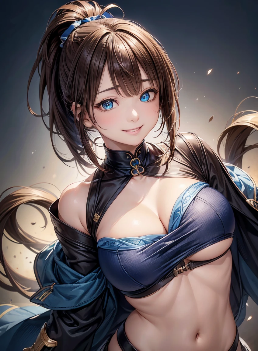 Beautiful Features、Japanese, ((Brown Hair、ponytail: 1. 5)), ((Azure Eyes:1.4)), ((Close one eye and smile:1.4)), Highly detailed eyes, Highest quality, Ultra-high resolution, Beautiful and vivid illustrations、Ultra-realistic oily and glossy skin, Ultrafine Fiber, Ray Tracing, High Resolution CG Unity 8K Wallpapers, RAW Photos, Natural front light、Accurate Fingers, Anatomically correct, 
BREAK、
((Upper Body Shot)), (Focus on the chest and face), (Simple white background),