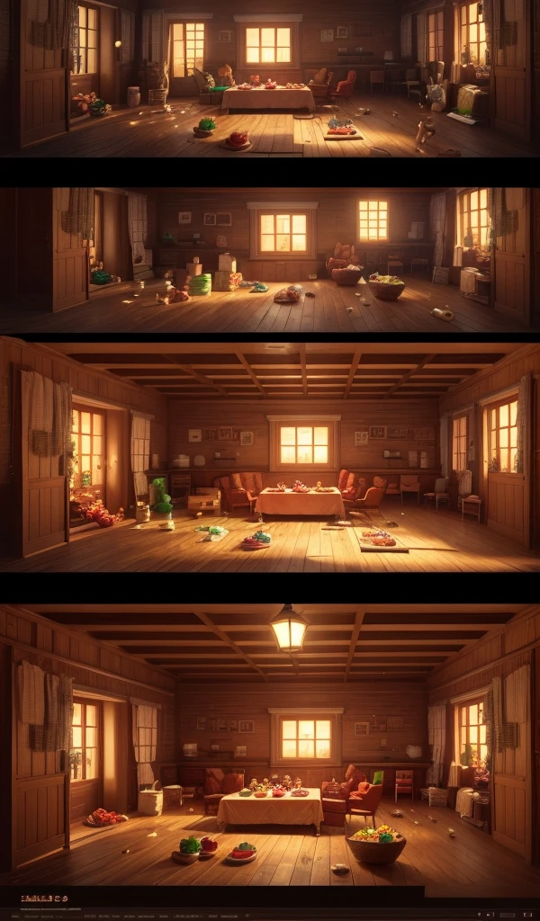 (anime, digital paint, interior of candy house, warm and inviting, 1 boy and 1 girl, the children eagerly eating sweets at a large candy-covered table, cozy fireplace with flickering flames, detailed candy and food all around, homely and deceptive atmosphere)