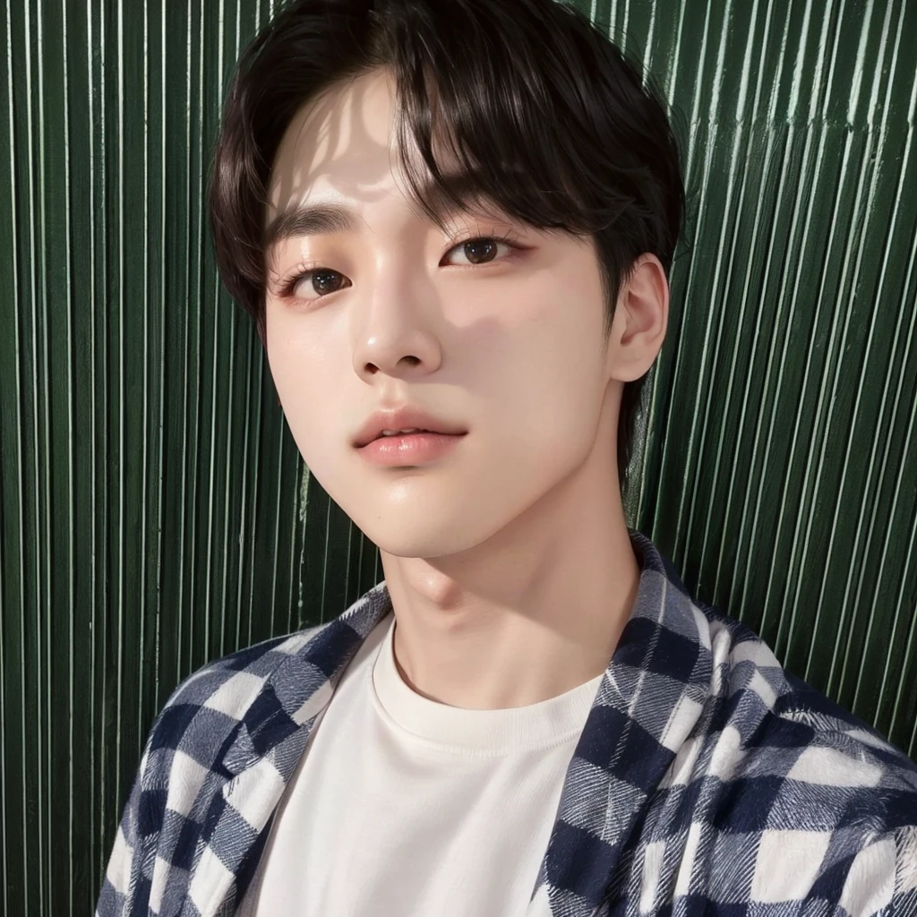 a close-up of a person wearing a plaid shirt and jacket, park Jimin, Jimin\the full lips, Jimin, Jimin\the right eyelid is swollen, Jimin\the Greek nose, accurate Jimin face, hyung tae, profile picture with headshot, Tae June Kim, Hong Jun Hyung, hyung tae kim, Kim Doyoung, jung jaehyun
