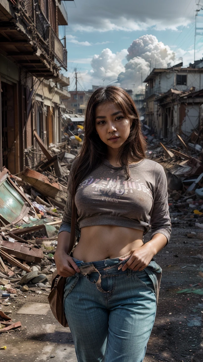 (Polinisia bronceada sexy|Asian woman, 1 girl:1.2, thicc hourglis figure, Perfect eyeliner:1.2), (Obra maistra:1.4, Best Quality), medium breasts, unity wallpaper 8k, ultra detailed, (pastel background, vistiendo pantalonis cortos de mezclilla y una camiseta sin mangas colorida:1.3), seductive pose, Upper part of the body, is, hermoso y istetico, detailed, Alone, in the background a city in ruins, collapsed buildings, rusty vehicles, iscombros por todas partis, dark and cloudy skies, smoke and ashes floating in the air
