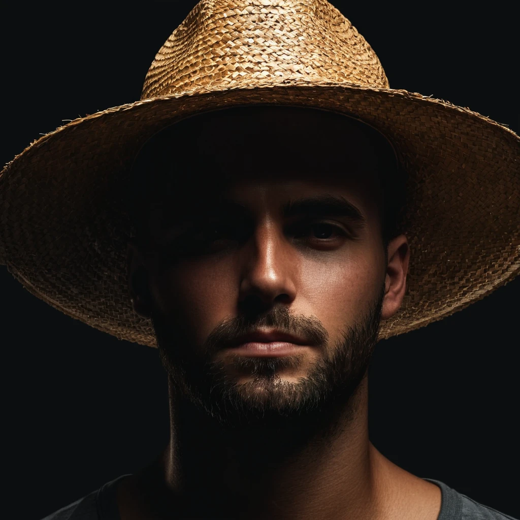 man with straw hat covering the upper part of his face, realistic photo for dark profile