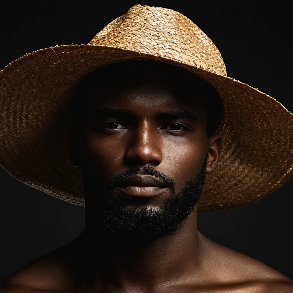 man with straw hat covering the upper part of his face, realistic photo for dark profile