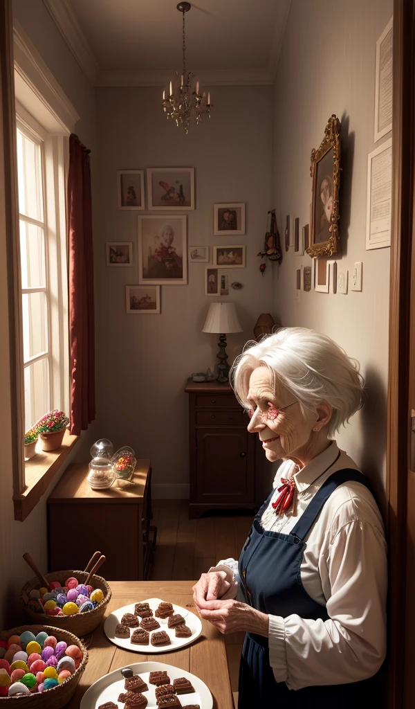 (anime, digital paint, kind-looking old woman appearing from a side room, white hair and red eyes, gentle smile, interior of the candy house, offering more sweets to the children, warmly lit interior, subtle hints of something sinister in the background, walls made of gingerbread and candy, sweets and treats all around)