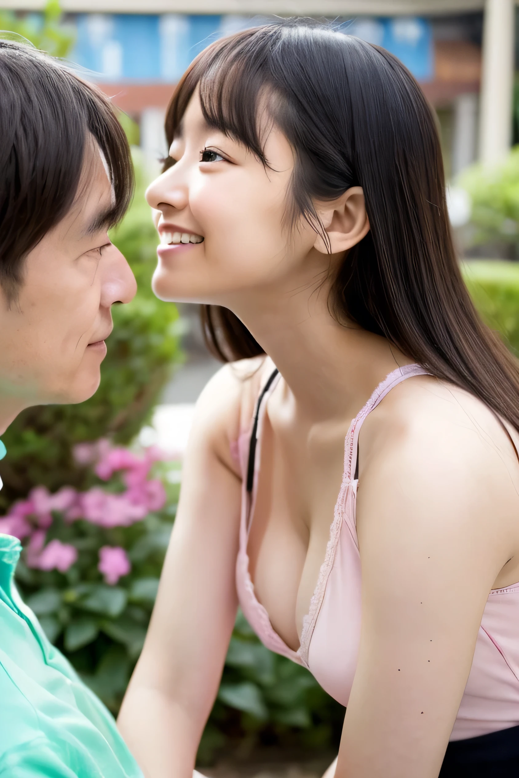 Just two persons　A 70-year-old man and his 20-year-old daughter(name:spring、Completely naked、Your are completely exposed)　springはCompletely nakedでは15歳のアイドルのように若くてかわいいです.　Face to face deep kiss　浮浪者汚い格好の男性がspringのドレスの胸をはだかせる、springは上半身裸で、Small breasts and nipples fully exposed。