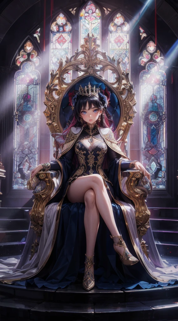 A masterfully crafted 3D render of an evil queen sitting on a grand, ornate throne in a dimly lit room. The queen, with her mesmerizing beauty, exudes both power and darkness. Her outfit is a blend of traditional royal attire and modern fashion, adorned with shimmering materials and intricate designs. Behind her, the stained glass windows cast a vivid Tyndall effect, with beams of light piercing through the darkness and creating a haunting atmosphere. The room itself is a blend of gothic and modern architecture, adding to the unsettling aura surrounding the queen. This illustration is a breathtaking example of anime realism, showcasing the artist's incredible skill and attention to detail., 3d render, anime, fashion, illustration
