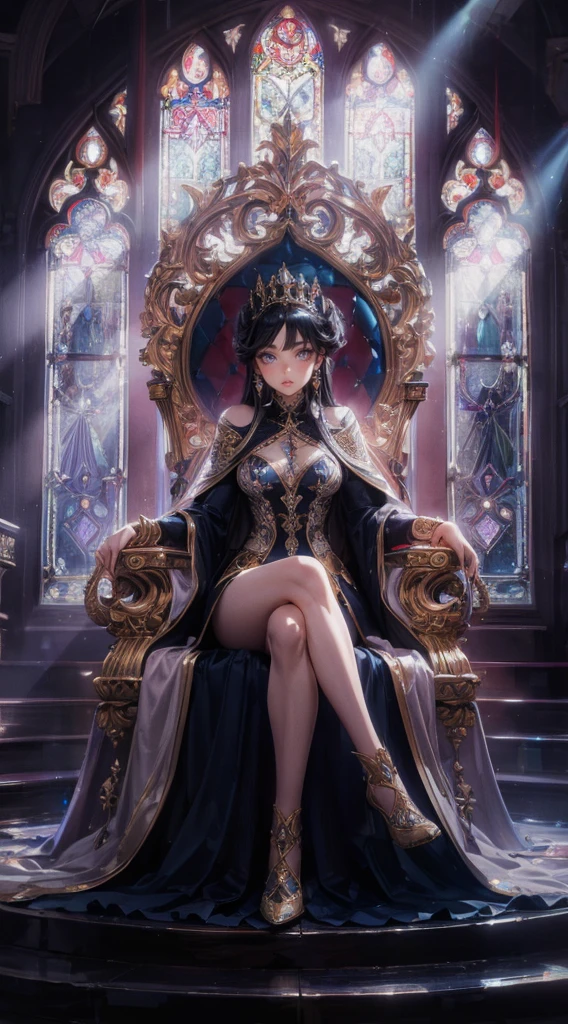 A masterfully crafted 3D render of an evil queen sitting on a grand, ornate throne in a dimly lit room. The queen, with her mesmerizing beauty, exudes both power and darkness. Her outfit is a blend of traditional royal attire and modern fashion, adorned with shimmering materials and intricate designs. Behind her, the stained glass windows cast a vivid Tyndall effect, with beams of light piercing through the darkness and creating a haunting atmosphere. The room itself is a blend of gothic and modern architecture, adding to the unsettling aura surrounding the queen. This illustration is a breathtaking example of anime realism, showcasing the artist's incredible skill and attention to detail., 3d render, anime, fashion, illustration