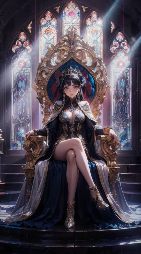 A masterfully crafted 3D render of an evil queen sitting on a grand, ornate throne in a dimly lit room. The queen, with her mesmerizing beauty, exudes both power and darkness. Her outfit is a blend of traditional royal attire and modern fashion, adorned with shimmering materials and intricate designs. Behind her, the stained glass windows cast a vivid Tyndall effect, with beams of light piercing through the darkness and creating a haunting atmosphere. The room itself is a blend of gothic and modern architecture, adding to the unsettling aura surrounding the queen. This illustration is a breathtaking example of anime realism, showcasing the artist's incredible skill and attention to detail., 3d render, anime, fashion, illustration