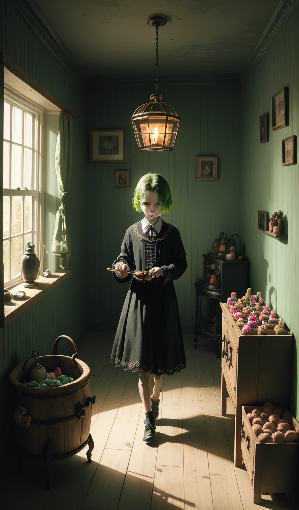 (anime, digital paint, ung boy trapped in a wooden cage, frightened expression, evil and creepy old woman stirring a bubbling cauldron, eerie green light illuminating the room, dark and twisted interior of the candy house, dark and ominous atmosphere with shadows dancing on the walls, walls made of gingerbread and candy, sweets and treats all around, sense of impending danger)