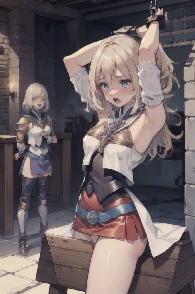 {{{nsfw:1.5}}},mature woman,princess,beautiful eyes,warrior,armor,white armor,blonde hair,long hair,hairband,side bang,breastplate,pleated skirt,white skirt,leotard,white leotard,cameltoe,1 girl,multipul boys,hetero,nose blush,open mouth,cry,embrrassed,love juice,slim body,small breast,sweat,restrained,arms behind head,arms up,defeat,bdsm,cowboy shot,from below ,handcuffs,shackles,indoor,wooden_horse,rub crotch,torture,goblin,ugly goblin,pervert goblin,surrounded by goblins,cum on body