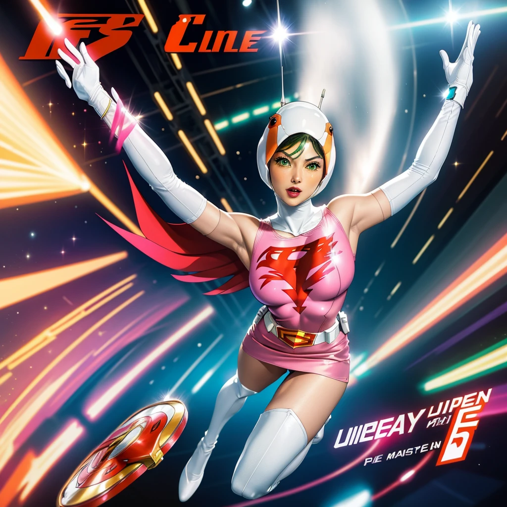ANI_CLASSIC_jun_gatchaman_ownwaifu,1girl, 15 years old,good anatomy, masterpiece, best quality,realistic, hyperrealistic, 16k hdr,breasts,green eyes,lips,large breasts,lipstick,makeup,gloves,cape,helmet,belt,elbow gloves,white gloves,mask,ultra miniskirt,leotard,spacesuit,white tight overknee highheels boots,pink dress,superhero,bodysuit,cleavage,erected nipples,((jumping poses,arms up straight)),cameltoe