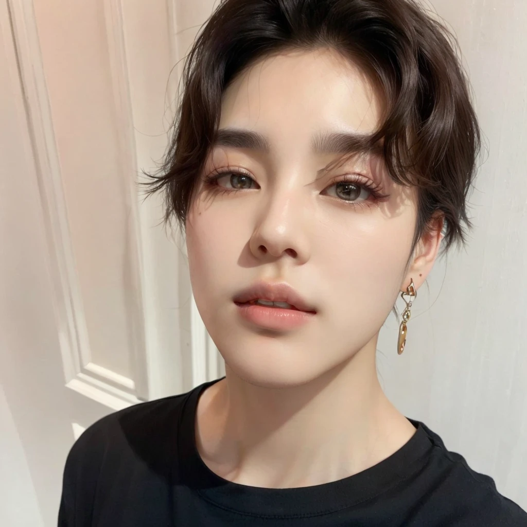 there is a woman with a black shirt and earrings posing for a picture, Jimin\the right eyelid is swollen, Jimin\the Greek nose, Jimin\the full lips, park Jimin, Jimin, accurate Jimin face, Tae June Kim, hyung tae, Hong Jun Hyung, adorable and pale korean face, yanjun chengt, jung jaehyun, hyung tae kim