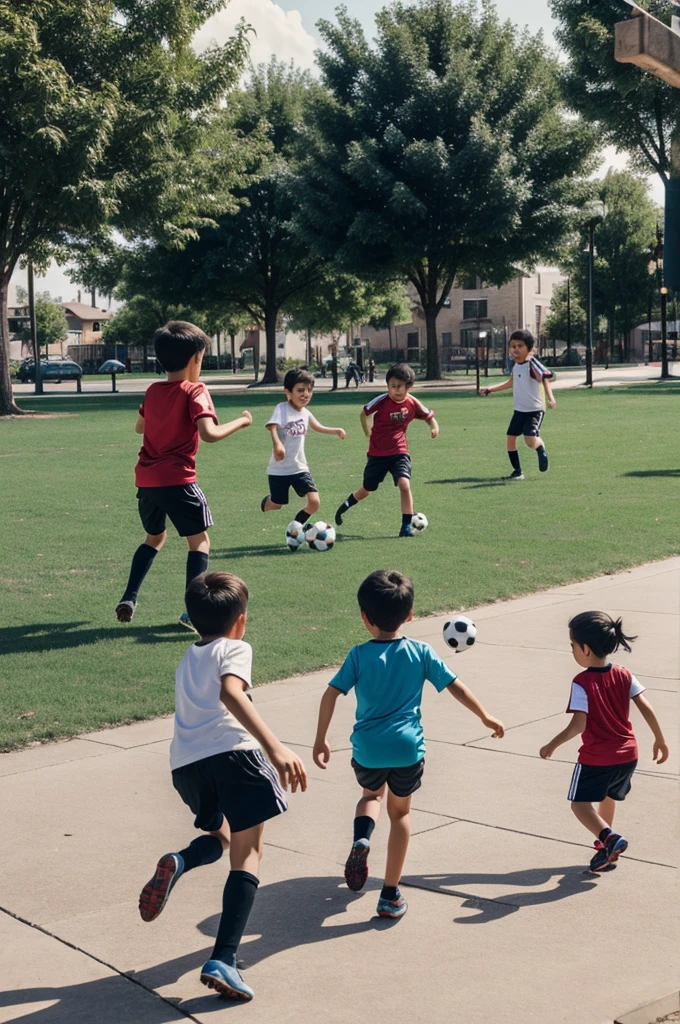 Three children friends playing soccer in a neighborhood square